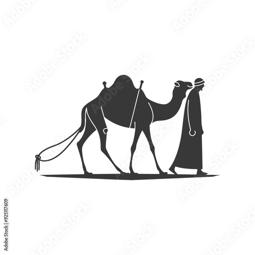 Monochrome Silhouette: Arabian Camel & Traveler in Desert Landscape