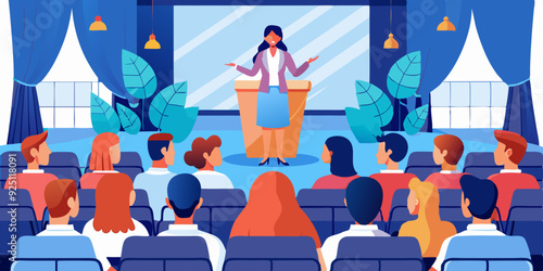 Conference or scientific seminar. Woman performing on stage in front of an audience in the hall. Business lecture, event

