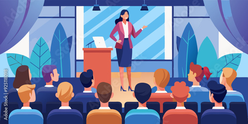 Conference or scientific seminar. Woman performing on stage in front of an audience in the hall. Business lecture, event
