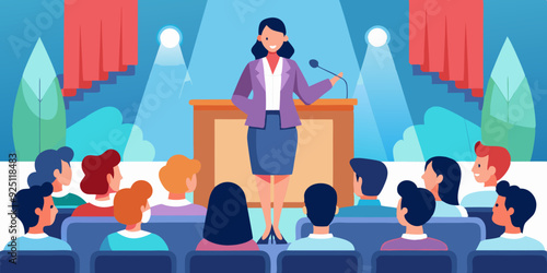 Conference or scientific seminar. Woman performing on stage in front of an audience in the hall. Business lecture, event
