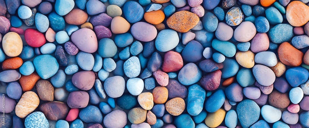 A close-up shot of a collection of colorful smooth stones, with various hues of blue, yellow, red, purple and brown. A close-up shot of a collection of colorful smooth stones, with various hues of blue, yellow, red, purple and brown.