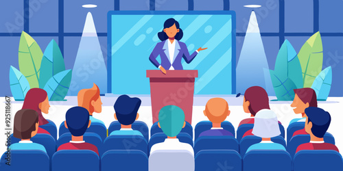 Conference or scientific seminar. Woman performing on stage in front of an audience in the hall. Business lecture, event
