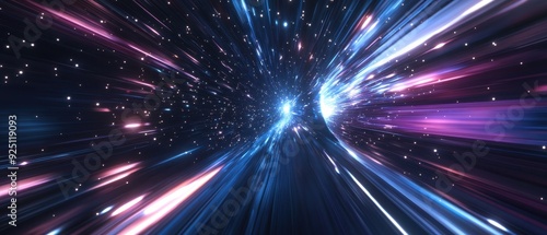 Abstract Light Streaks and Stars in a Dark Space Background - Futuristic and Technology Concept.