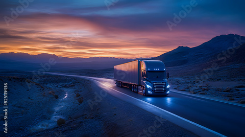 Lone cargo truck driving on winding mountain road at dusk with stunning scenic landscape of snowy peaks and valleys reflecting in the still waters below