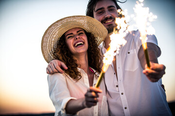 Young couple sharing happy  and love mood on the beach