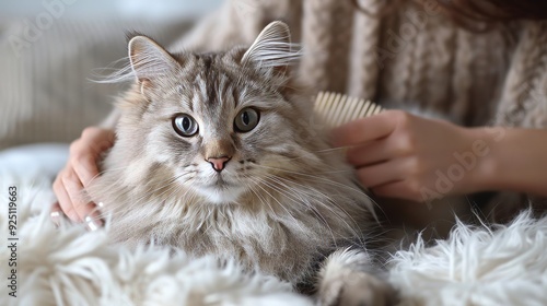 Woman s hands grooming cat s long fur with brush on white background  pet care concept banner photo