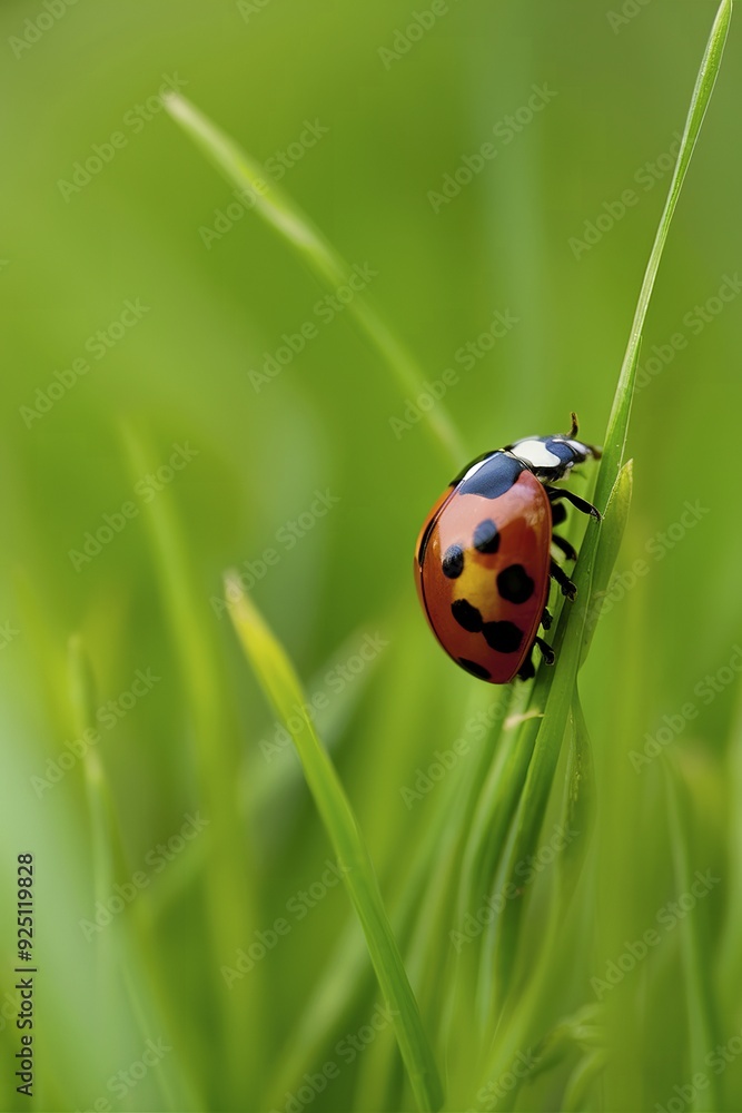 Ladybug on Green Grass Over Green Bachground Ladybug on Green Grass Over Green Bachground