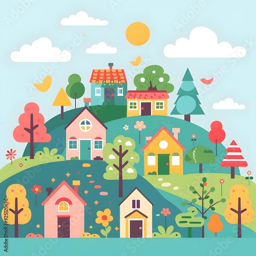 Colorful Illustration of a Small Town with Houses, Trees, and Flowers