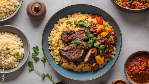 A bowl of moroccan couscous with lamb vegetables and harissa sauce on the side, AI Generated