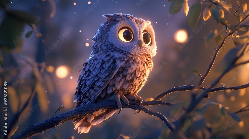 Cute Cartoon Owl Perched on a Branch at Dusk with a Golden Glow Cute Cartoon Owl Perched on a Branch at Dusk with a Golden Glow