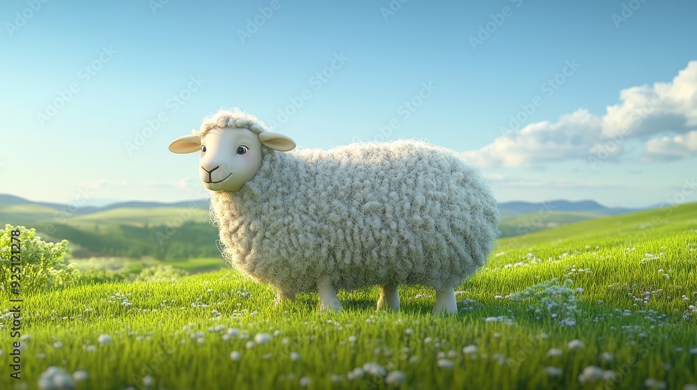Fototapeta premium Cute Cartoon Sheep in a Green Meadow with White Flowers and a Blue Sky.