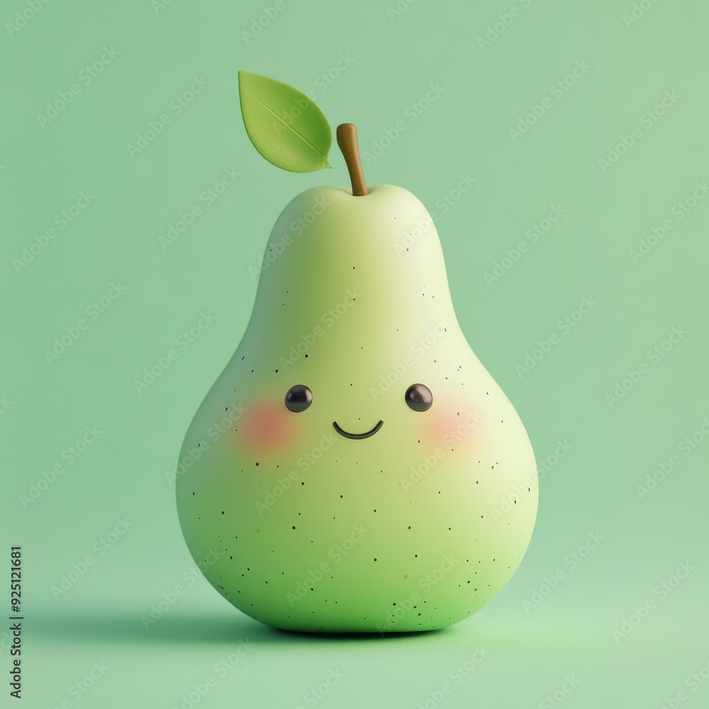 3D Render of a Cute Smiling Green Pear with a Leaf on a Green Background. 3D Render of a Cute Smiling Green Pear with a Leaf on a Green Background.