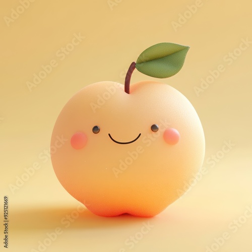 Cute 3D Rendered Smiling Peach on Yellow Background.