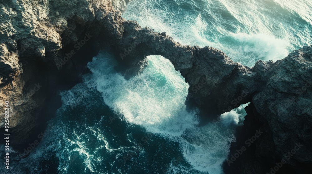 Waves crash against rocky formations, revealing hidden sea caves along the rugged coastline during sunset Waves crash against rocky formations, revealing hidden sea caves along the rugged coastline during sunset
