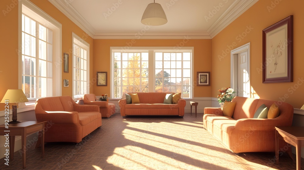 Sunlit Living Room Interior Design With Orange Sofa and Window Sunlit Living Room Interior Design With Orange Sofa and Window