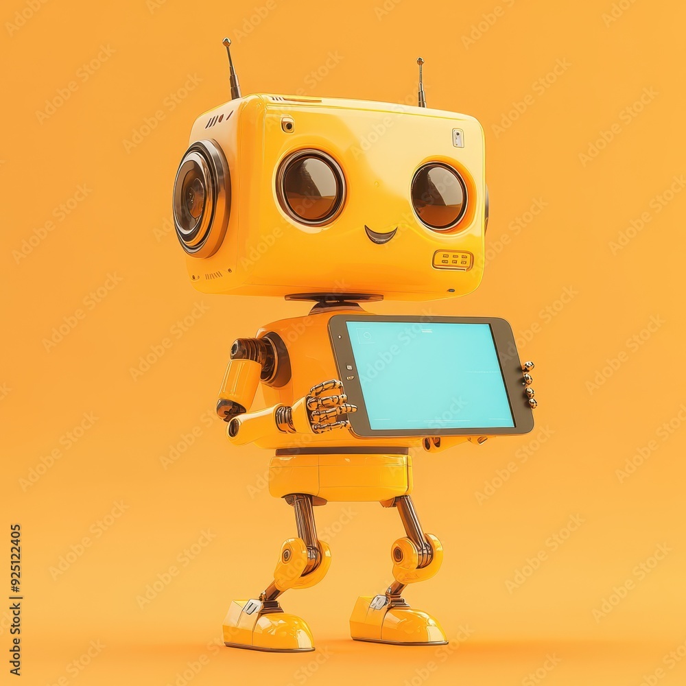 Friendly Yellow Robot Holding a Tablet with Blue Screen on Orange Background. Friendly Yellow Robot Holding a Tablet with Blue Screen on Orange Background.