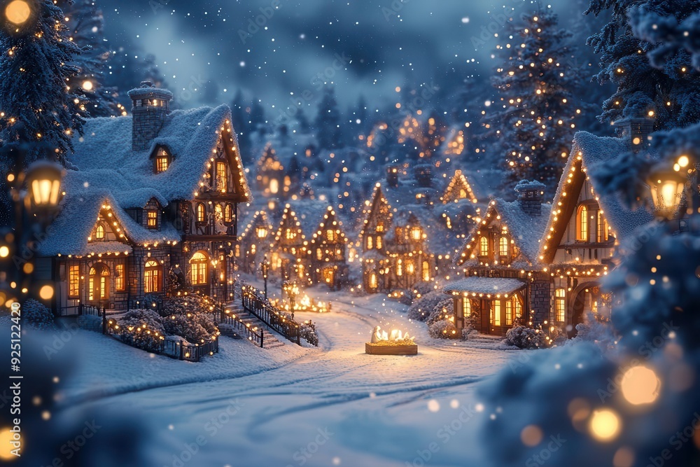Fototapeta premium enchanted winter village scene twinkling lights on snowcovered cottages nativity display in town square starry night sky warm glow from windows