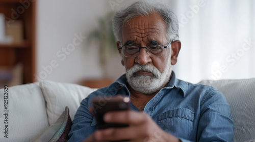 Aging society. An elderly Indian man looks confused, looking at the mobile phone in her hand, sitting in the living room. 
