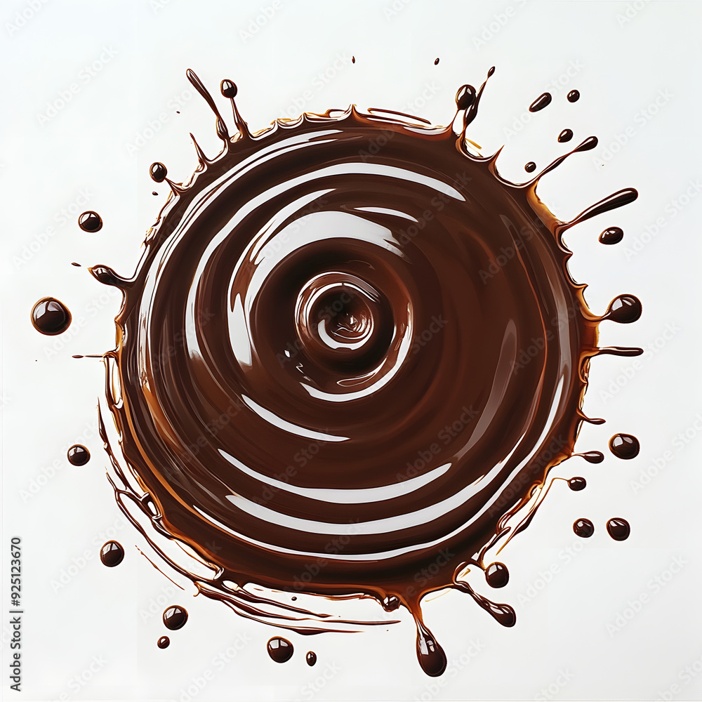 A circular ripple of chocolate with droplets radiating outwards, each droplet sharply defined against a plain white background. A circular ripple of chocolate with droplets radiating outwards, each droplet sharply defined against a plain white background.