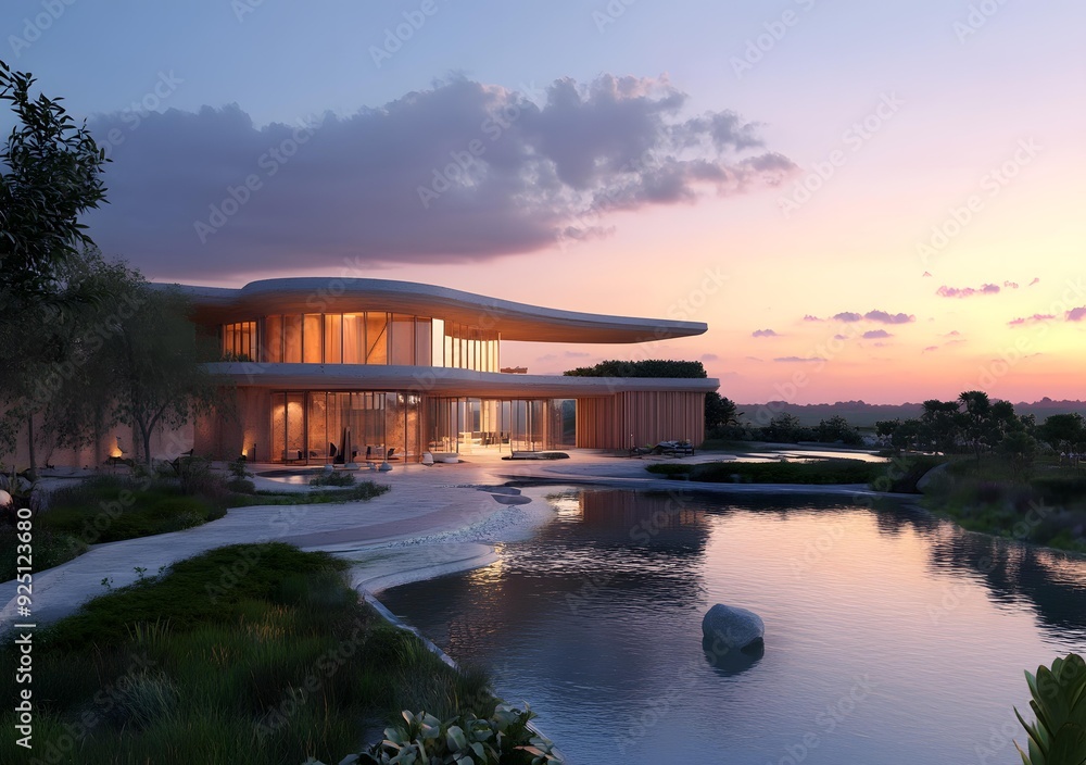 Modern Architecture House With Pond and Sunset Modern Architecture House With Pond and Sunset