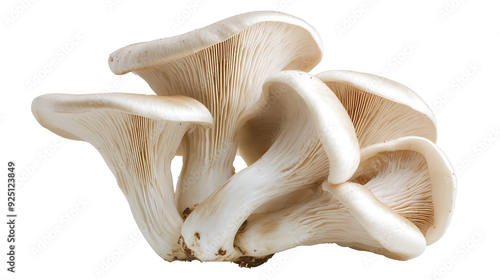 Fototapeta premium A cluster of oyster mushrooms with a creamy white color and delicate gills, isolated on a white background.