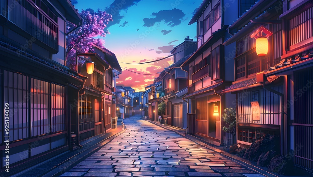 Obraz premium A serene cobblestone street flanked by traditional houses with glowing lanterns, under a twilight sky. The scene exudes tranquility and timeless charm, inviting a peaceful evening stroll
