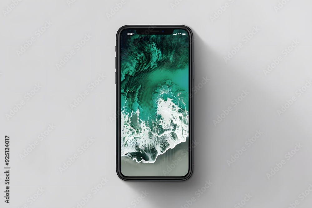 Black Smartphone with Green and White Abstract Background Black Smartphone with Green and White Abstract Background