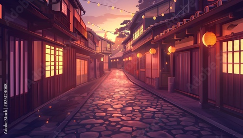 A serene cobblestone street flanked by traditional houses with glowing lanterns, under a twilight sky. The scene exudes tranquility and timeless charm, inviting a peaceful evening stroll photo