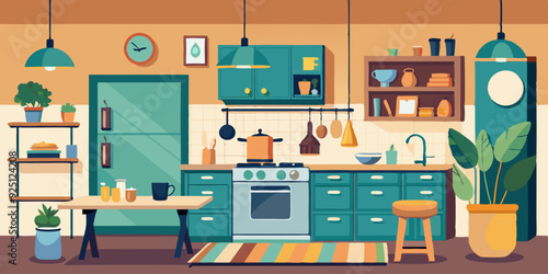 Interior of a cozy kitchen with furniture and appliances. Vector illustration
