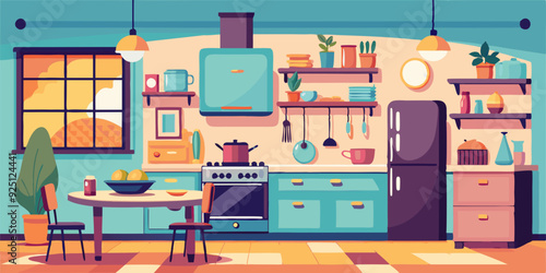 Interior of a cozy kitchen with furniture and appliances. Vector illustration
