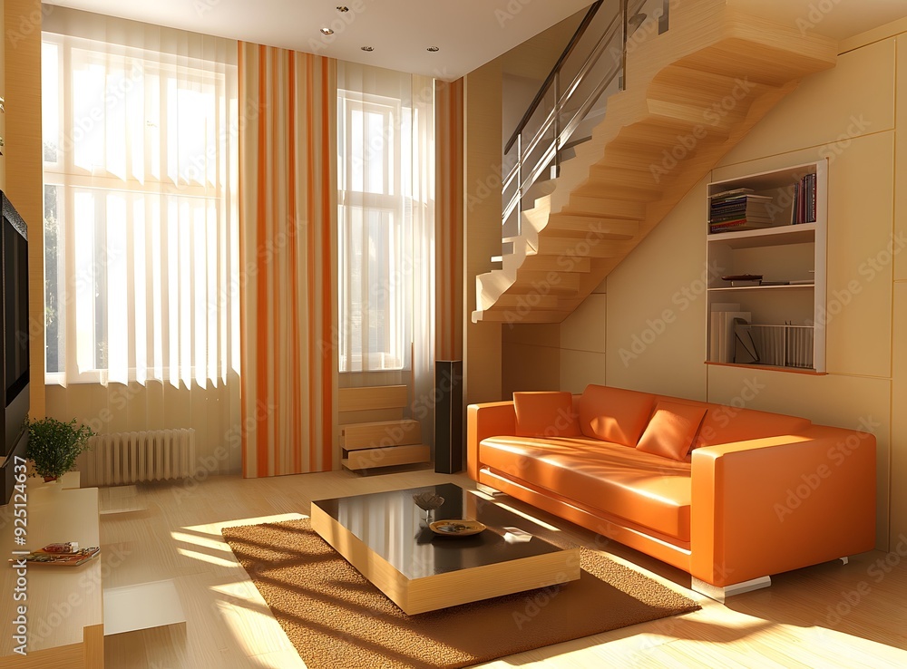 Modern Living Room Interior Design with Orange Sofa and Wooden Staircase Modern Living Room Interior Design with Orange Sofa and Wooden Staircase