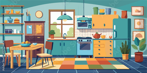 Interior of a cozy kitchen with furniture and appliances. Vector illustration
