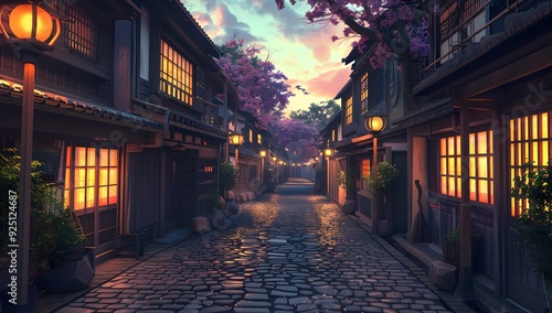 A serene cobblestone street flanked by traditional houses with glowing lanterns, under a twilight sky. The scene exudes tranquility and timeless charm, inviting a peaceful evening stroll photo