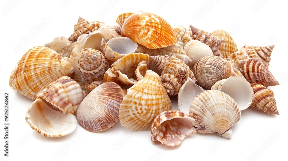 A collection of seashells of various sizes and shapes, with intricate patterns and textures, isolated on a white background. A collection of seashells of various sizes and shapes, with intricate patterns and textures, isolated on a white background.