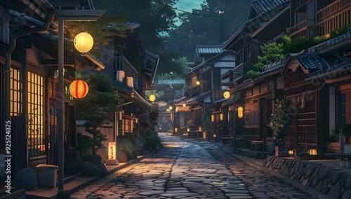 A serene cobblestone street flanked by traditional houses with glowing lanterns, under a twilight sky. The scene exudes tranquility and timeless charm, inviting a peaceful evening stroll photo