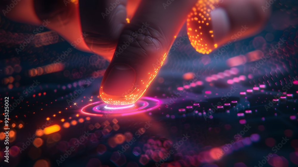 Finger Pressing Luminous Digital Button in Futuristic Sci Fi Interface Finger Pressing Luminous Digital Button in Futuristic Sci Fi Interface