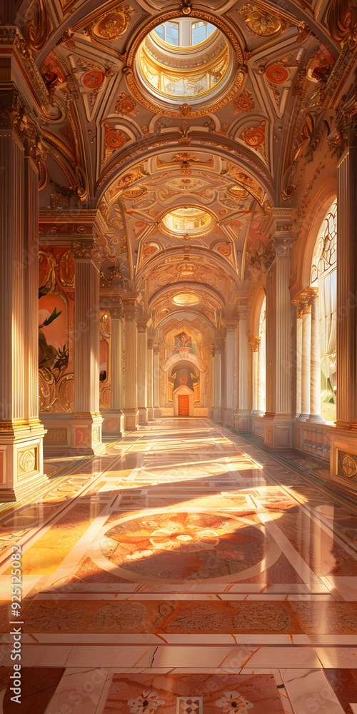 Obraz premium Ornate Hallway With Golden Ceiling and Marble Floor