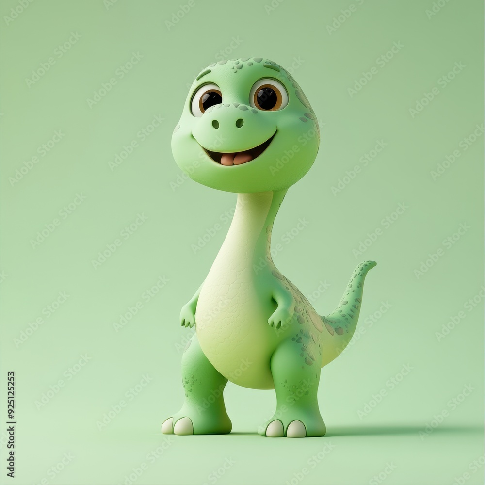 Fototapeta premium Cute Green Cartoon Dinosaur 3D Render on Green Background.