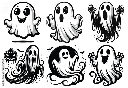 Cute and spooky ghost vector icons in black and white, perfect for Halloween decorations