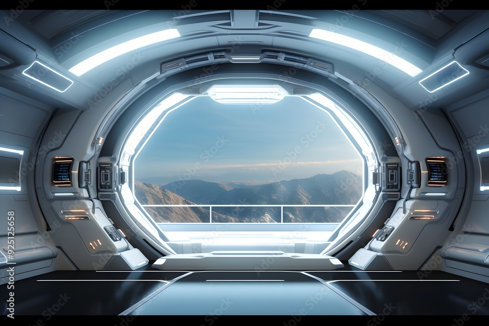 Fototapeta premium Spaceship interior with view on space and planets. Mixed media Ai Generated