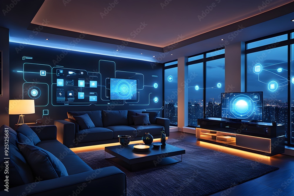 A modern living room with a large flat screen TV and a wall of monitors A modern living room with a large flat screen TV and a wall of monitors