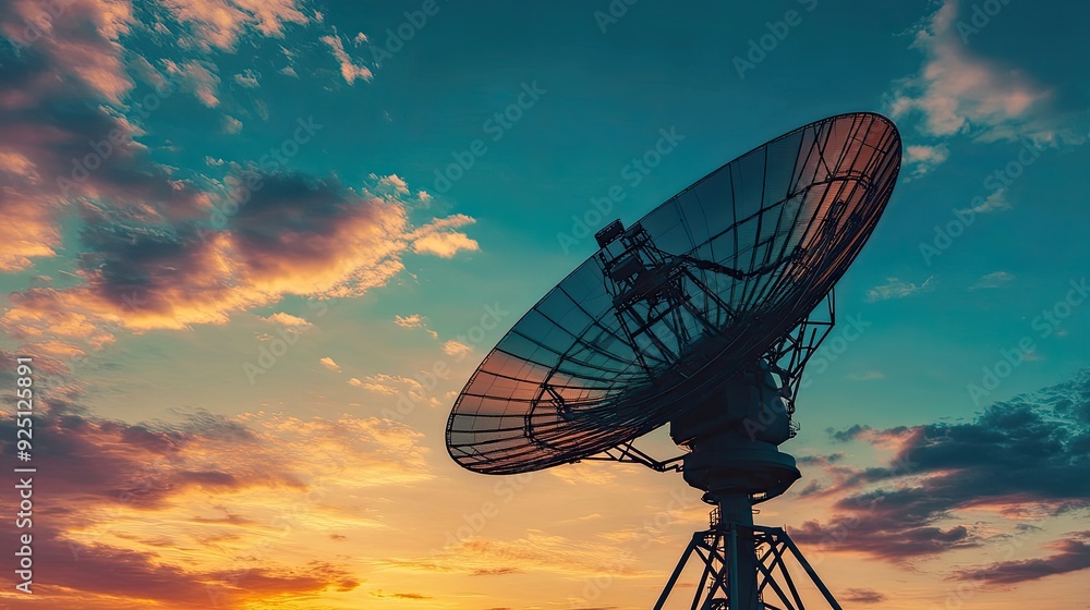 Close-up of a communication satellite dish pointing towards the sky. Close-up of a communication satellite dish pointing towards the sky.