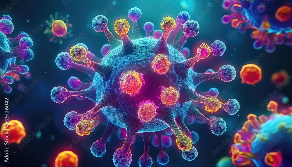 Obraz premium Visualization of Monkeypox Infection with Virus Particles Floating in the Air and Symptoms Emerging in Holographic Detail
