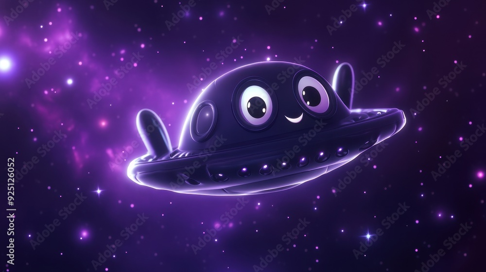 Cute Cartoon UFO Spaceship Flying Through Galaxy with Purple Stars - 3D Rendering. Cute Cartoon UFO Spaceship Flying Through Galaxy with Purple Stars - 3D Rendering.