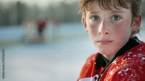 A young hockey player in uniform stands on a snowy rink, focused and ready for the game, embodying dedication and sportsmanship. photo