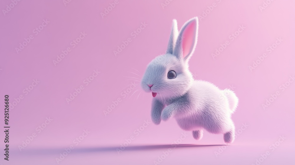 Obraz premium Cute White Bunny Rabbit Hopping on Pink Background, 3D Rendering.