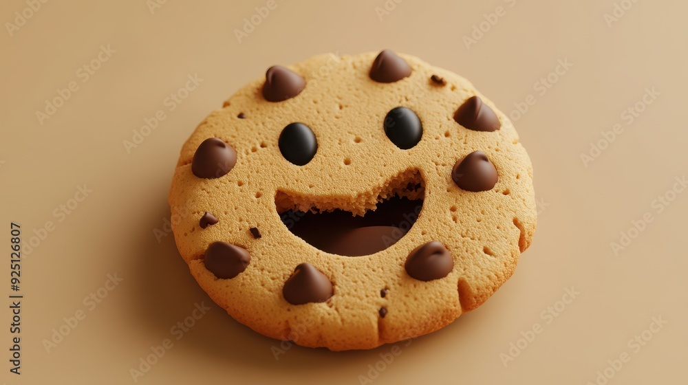 Happy Chocolate Chip Cookie with Bite Mark - 3D Render. Happy Chocolate Chip Cookie with Bite Mark - 3D Render.