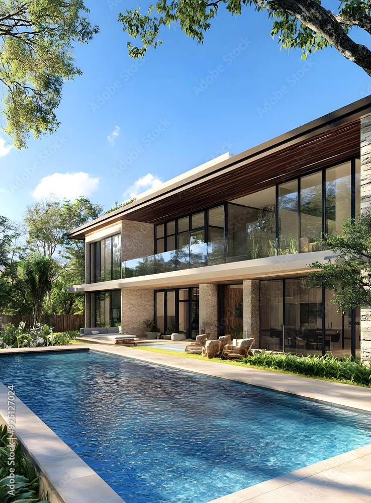 Fototapeta premium Modern Luxury Home with Swimming Pool and Patio
