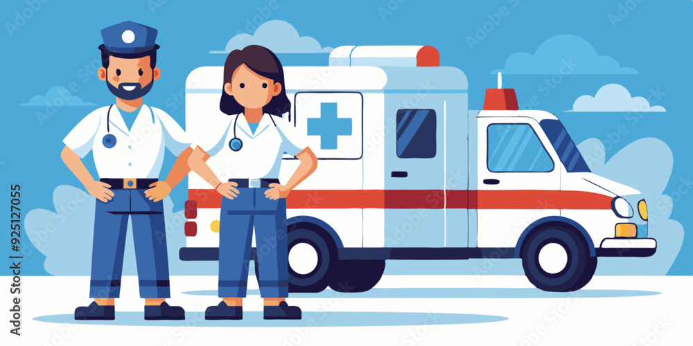 Paramedics man and woman dressed in uniform. Ambulance workers. Vector illustration
Paramedics man and woman dressed in uniform. Ambulance workers. Vector illustration