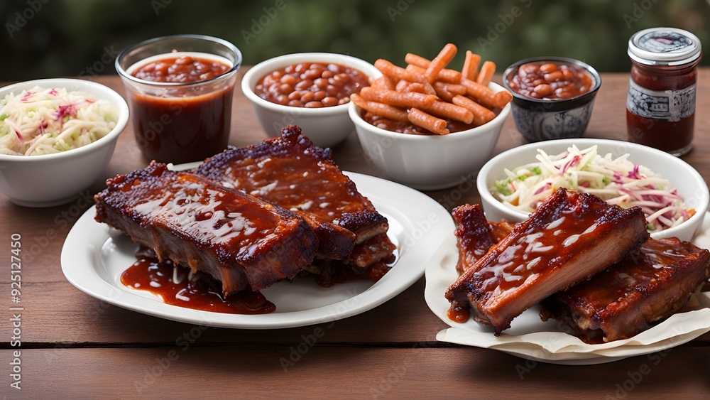 A plate of american style bbq ribs with sides of coleslaw baked beans and bbq sauce in small bowls, AI Generated A plate of american style bbq ribs with sides of coleslaw baked beans and bbq sauce in small bowls, AI Generated